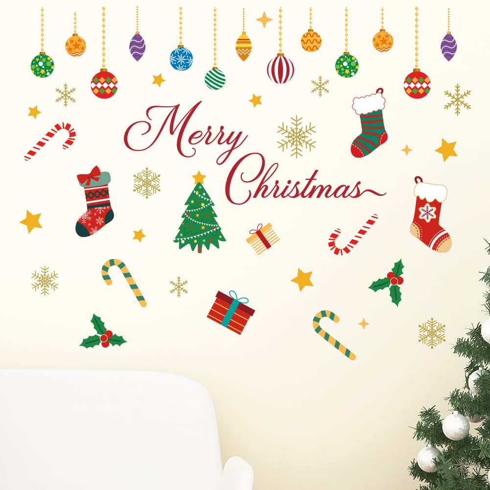 PLIGREAT 2 Sheets Christmas Theme Wall Stickers Bells Snowflake Merry Christmas Quote Wall Art Decals Removable Winter Xmas Stickers for Christmas Party Nursery Living Room Home Decor