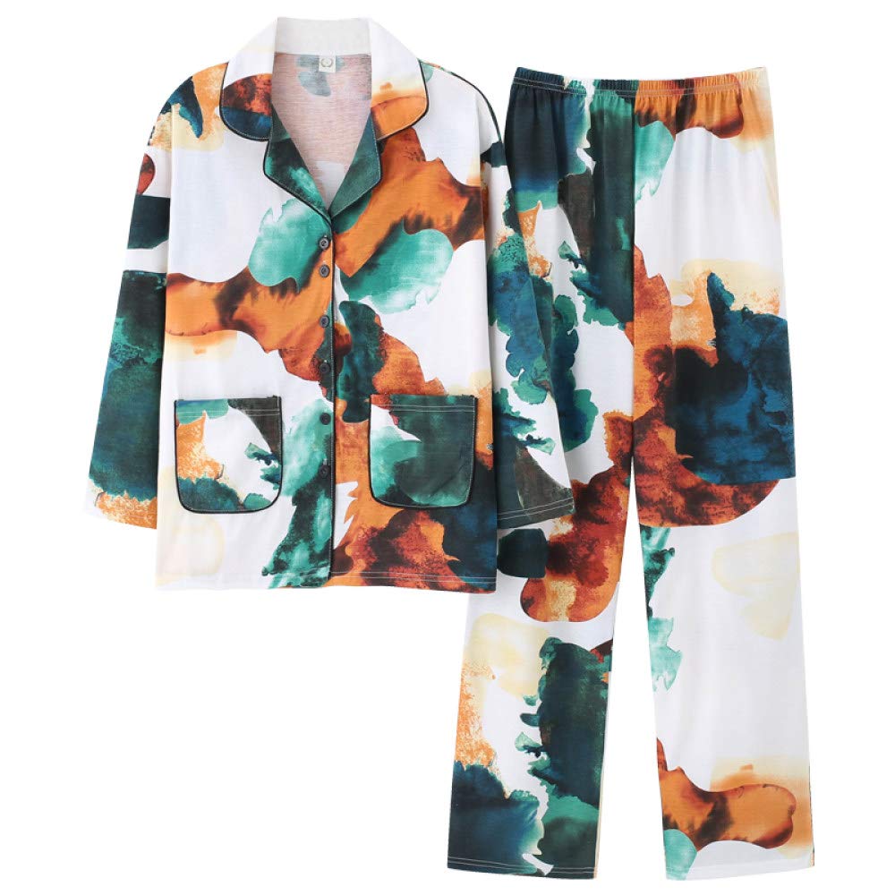 Conjunto De Pijamas De Mujer,Otoño Invierno Conjunto De Pijama De Algodón Con Bolsillos Ropa De Dormir Conjuntos De Salón Coloridos Tops De Manga Larga Y Bottom Pjs Set Nightwear Loungewear,Azul,Xl