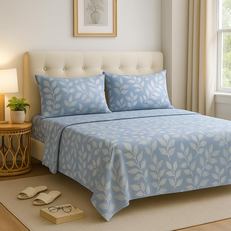BSB HOME Microfiber Cotton 4 Pcs Bedding Set for King Size Double Bed (78x72 Inches) – 1 Fitted Bedsheet with Elastic + 1 Flat Top Sheet + 2 Pillow Covers | Floral Prints (Color - Grey & White)