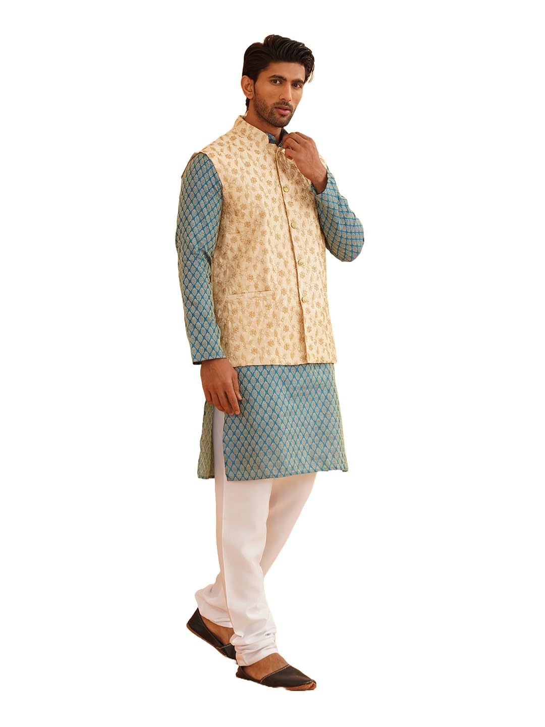 Sojanya (Since 1958 Men's Silk Blend Pblue Kurta & Cream Pyjama With Beige Embroidered Nehrujacket