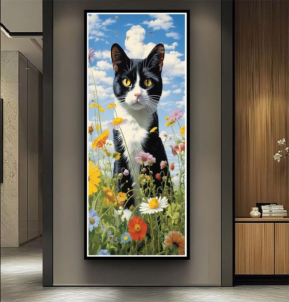 Cat Diamond Art Kits Adults Large 5D Flowers Diamond Painting Kits, DIY Full Drill Crystal Art Craft Rhinestone Embroidery Cross Stitch Arts and Crafts for Adults 23.6x59 Inch/60x150 cm -LR1168