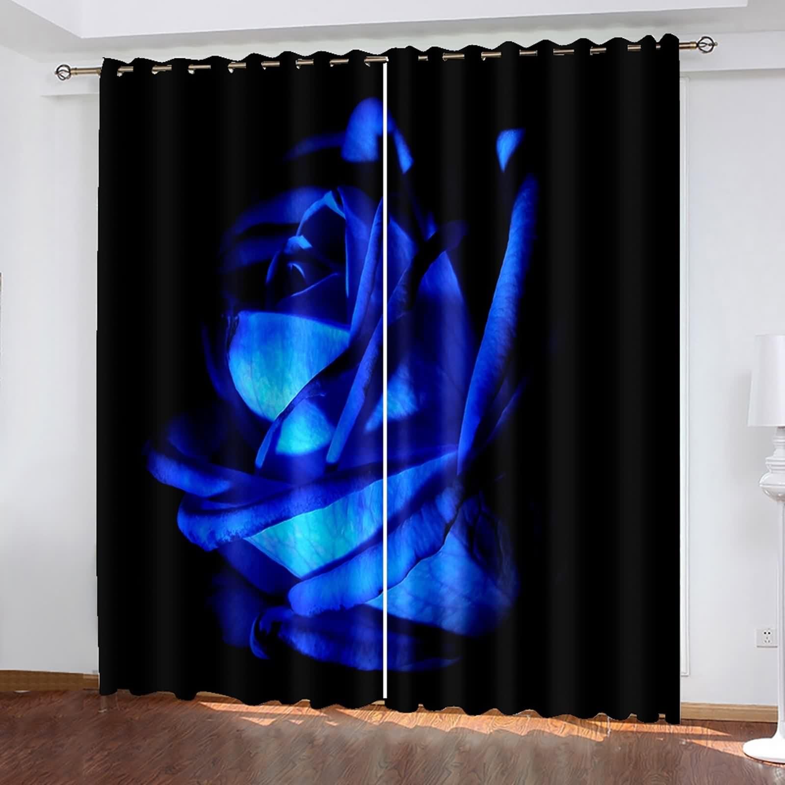 Rideaux Polyester, Rideau Fenetre Chambre Bleu Noir Pétales Bleus Décoration 244L x 214H CM Lot de 2