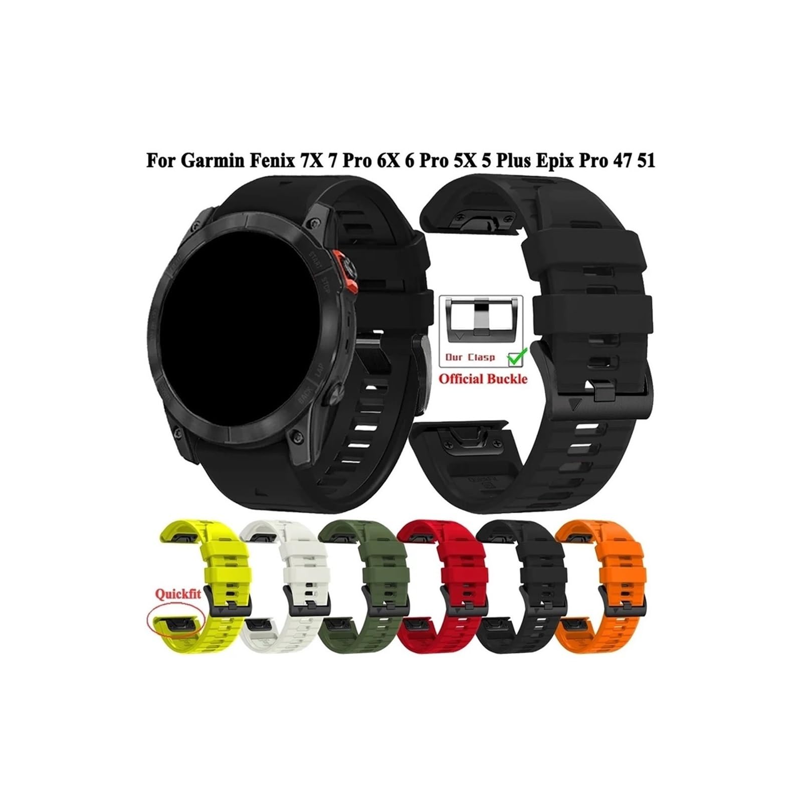 Bracelet de montre en silicone 26mm 22mm Compatible avec Garmin Fenix ​​7X 7 6 6X Pro 5 5X Plus/Epix/Gen 2
