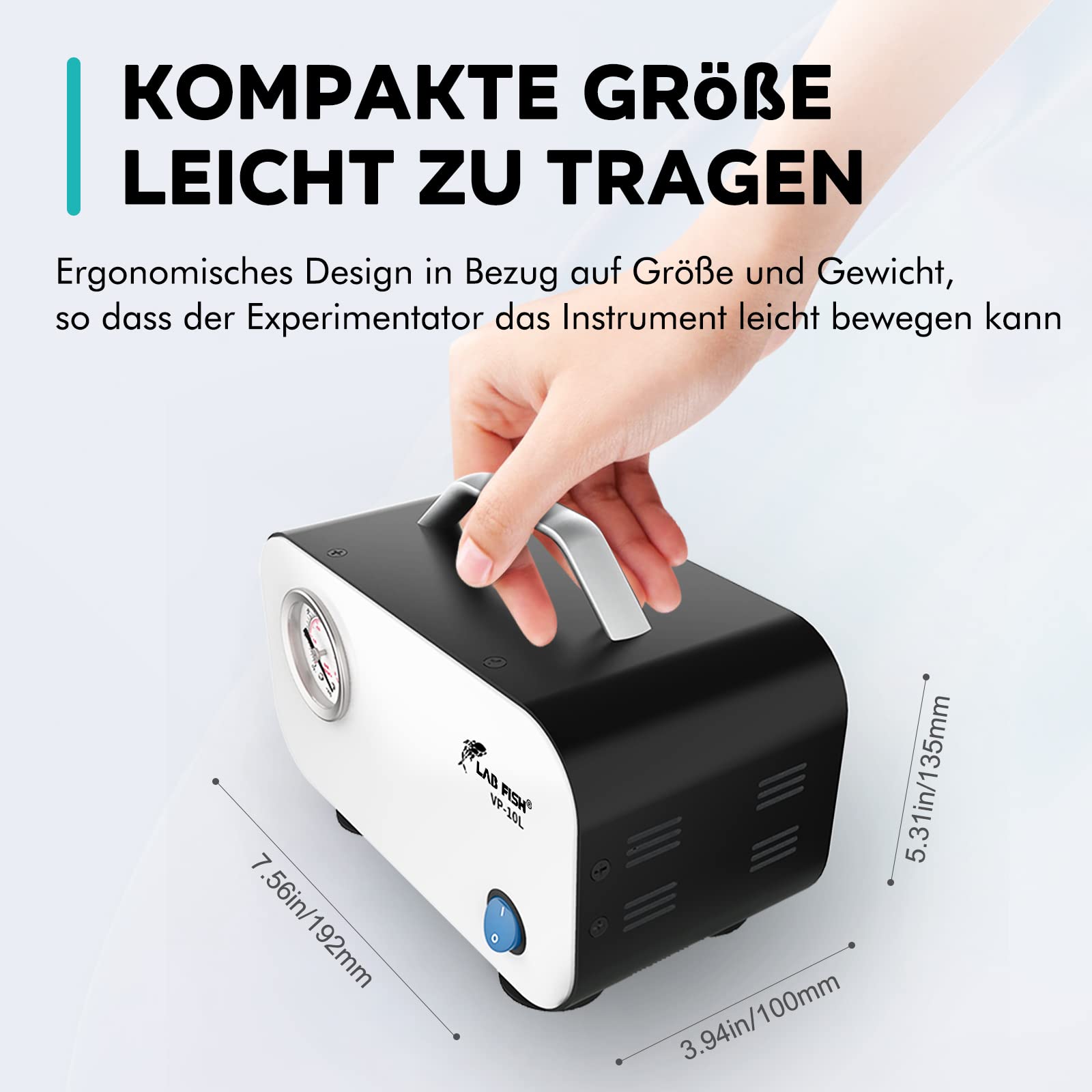 LAB FISH Ölfreie Membran-Vakuumpumpe Tragbar, 10L/min 0,075Mpa Laborpumpe mit Gummischlauch