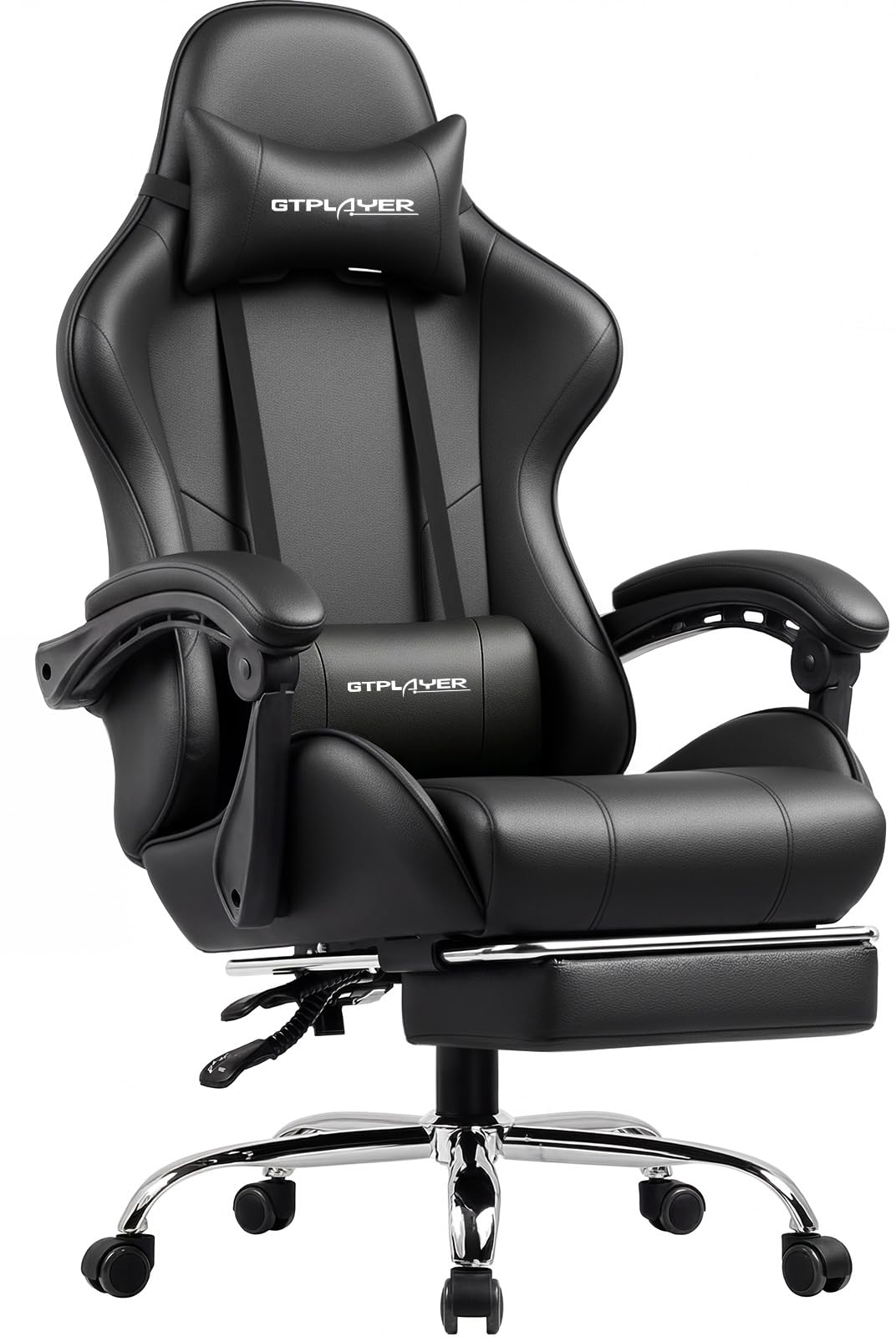 GTPlayer ゲーミングチェア オットマン付き デスクチェア オフィスチェア ゲームチェア 145°リクライニング ハイバック ヘッドレスト ひじ掛け ランバーサポート テレワーク 椅子 パソコンチェア 蒸れない座面 PUレザー 気孔付き皮革 イス gaming chair 电竞椅 ブラック PL800-BLACK