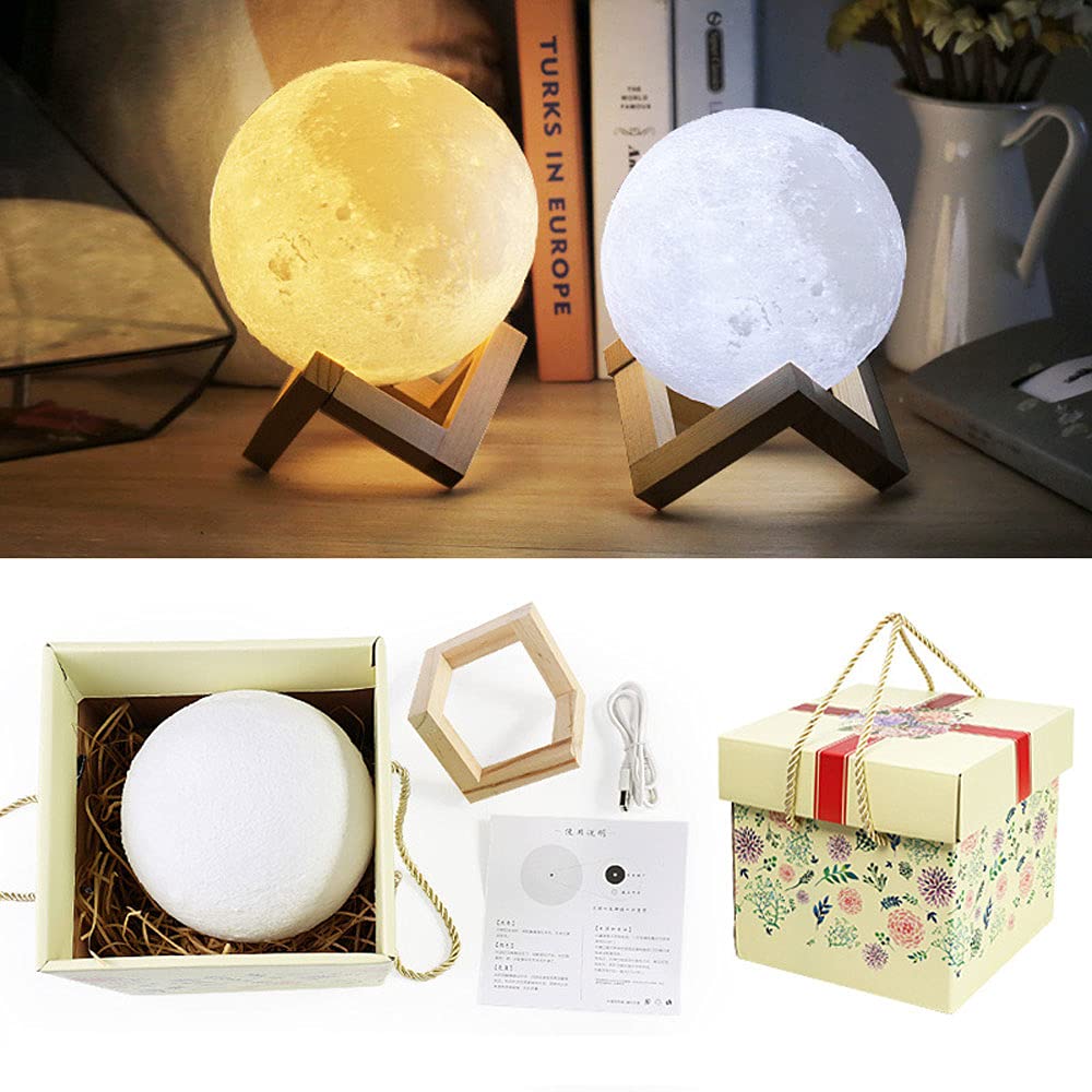 Moon Lamp Kids Night Light 2 Colori LED 3D Moon Light con Supporto in Legno, Touch Control USB Ricaricabile Regalo per Bambino Ragazze Ragazzi Compleanno
