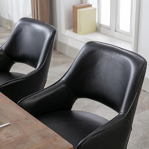 Miniatura 9 de Kmax Juego de 2 sillas de comedor de tela de piel sintética, sillas laterales tapizadas, sillas decorativas de granja con patas de madera abiertas