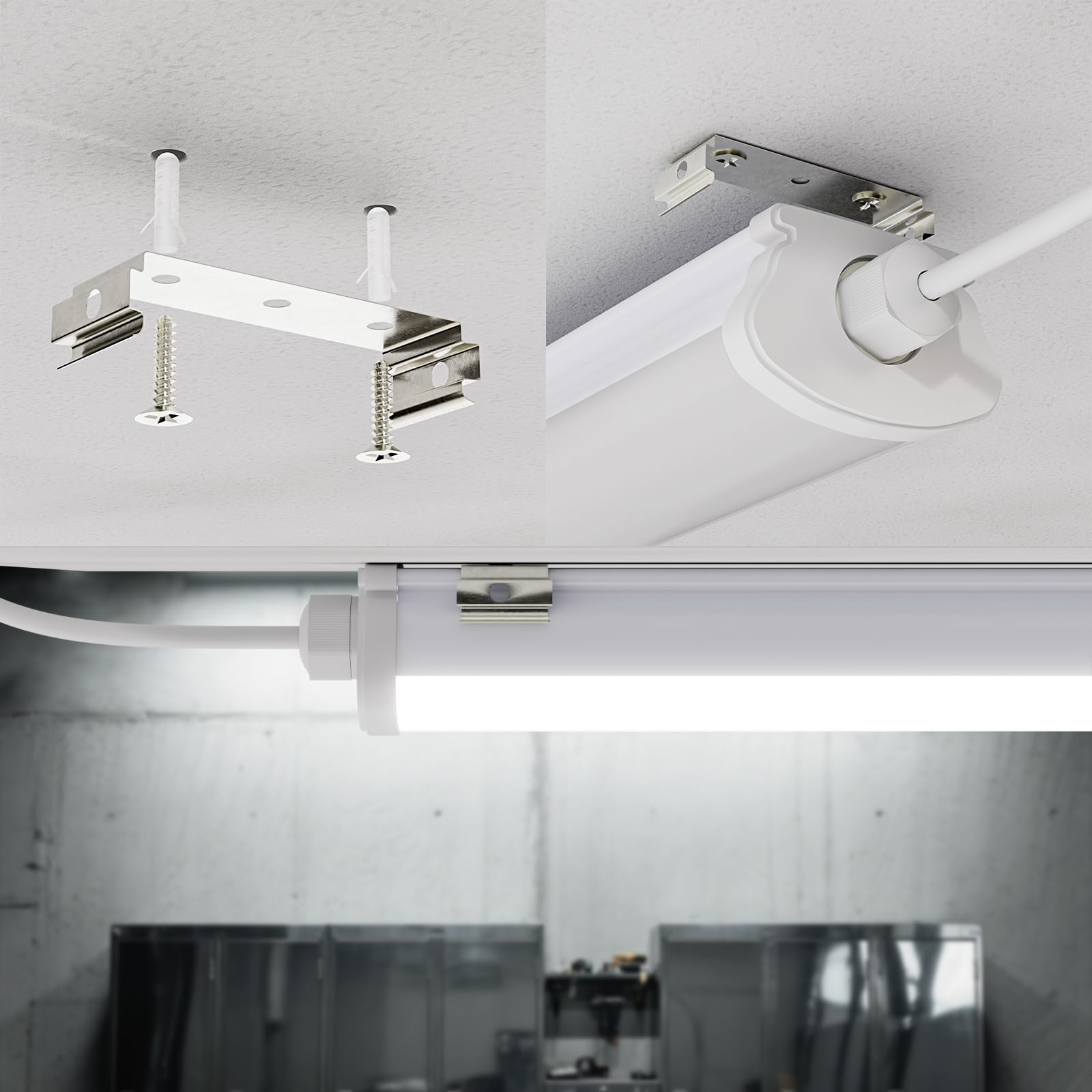 LQWELL LED Feuchtraumleuchte, LED Röhre 150x6.8x5cm IP65 Wasserfest, 45W 5050LM 6500K, Deckenleuchte Lange als Kellerleuchte, Wannenleuchte, Nassraumleuchte, Garagelampe, Werkstattlampe, 4 Stück