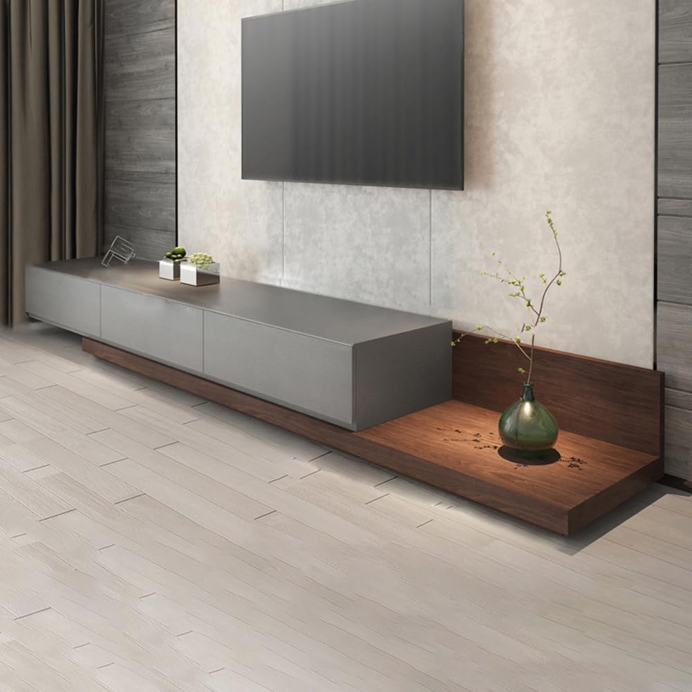 LITFAD Modern TV Console Art Deco TV Stand with Visible Storage, 3 Drawers, and Cable Management, Wood Gaming Entertainment Center Media Stand, Gray/Walnut 110" L x 16.5" W x 11.5" H