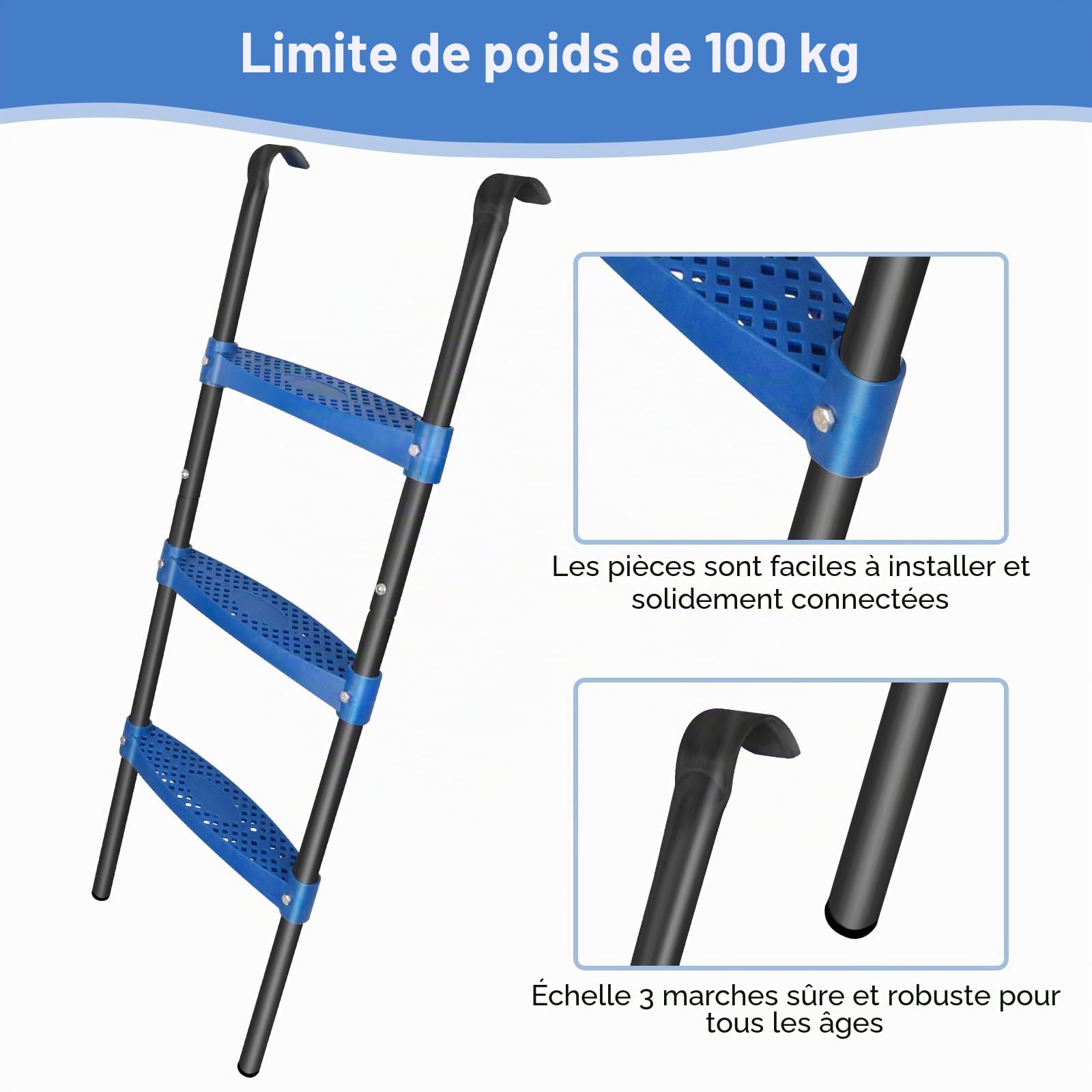 Echelle Trampoline Antidérapante à 3 Marches, Accessoire Trampoline, Hauteur 107 cm, Cadre Métallique Résistant, Larges Marches, Convient à la Plupart des Trampolines