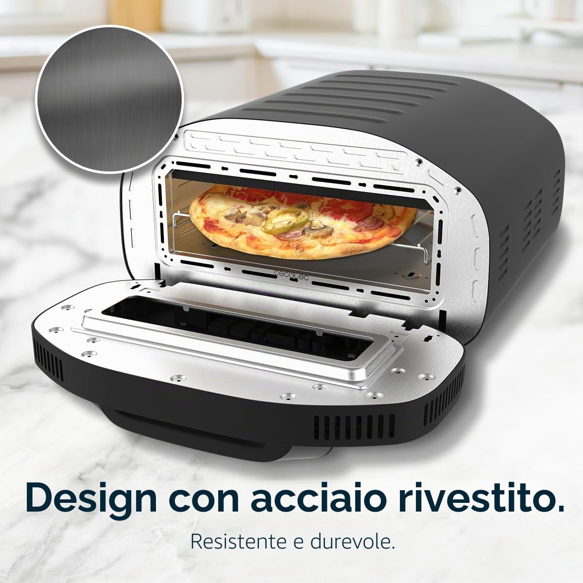 Cecotec Forno Elettrico per Pizza con Finestra Pizza&Co Tifosi. 1700W, Capacità 12 Litri, Controllo Digitale, Acciaio Rivestito, 8 Funzioni, Timer, Temperatura 80°C - 430°C, Luce Interna
