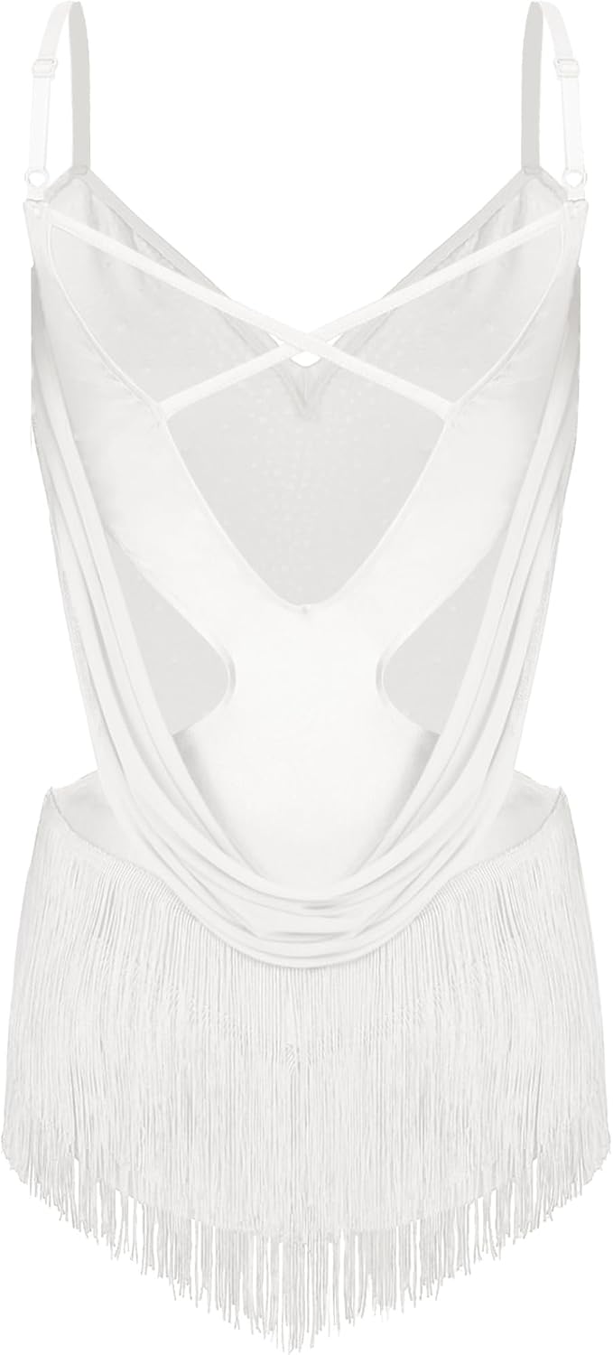 JEYPINMI Women Rhinestone Ruffle Bodysuit Lyrical Latin Dance Leotard Tassel Camisole Cocktail Party Costume