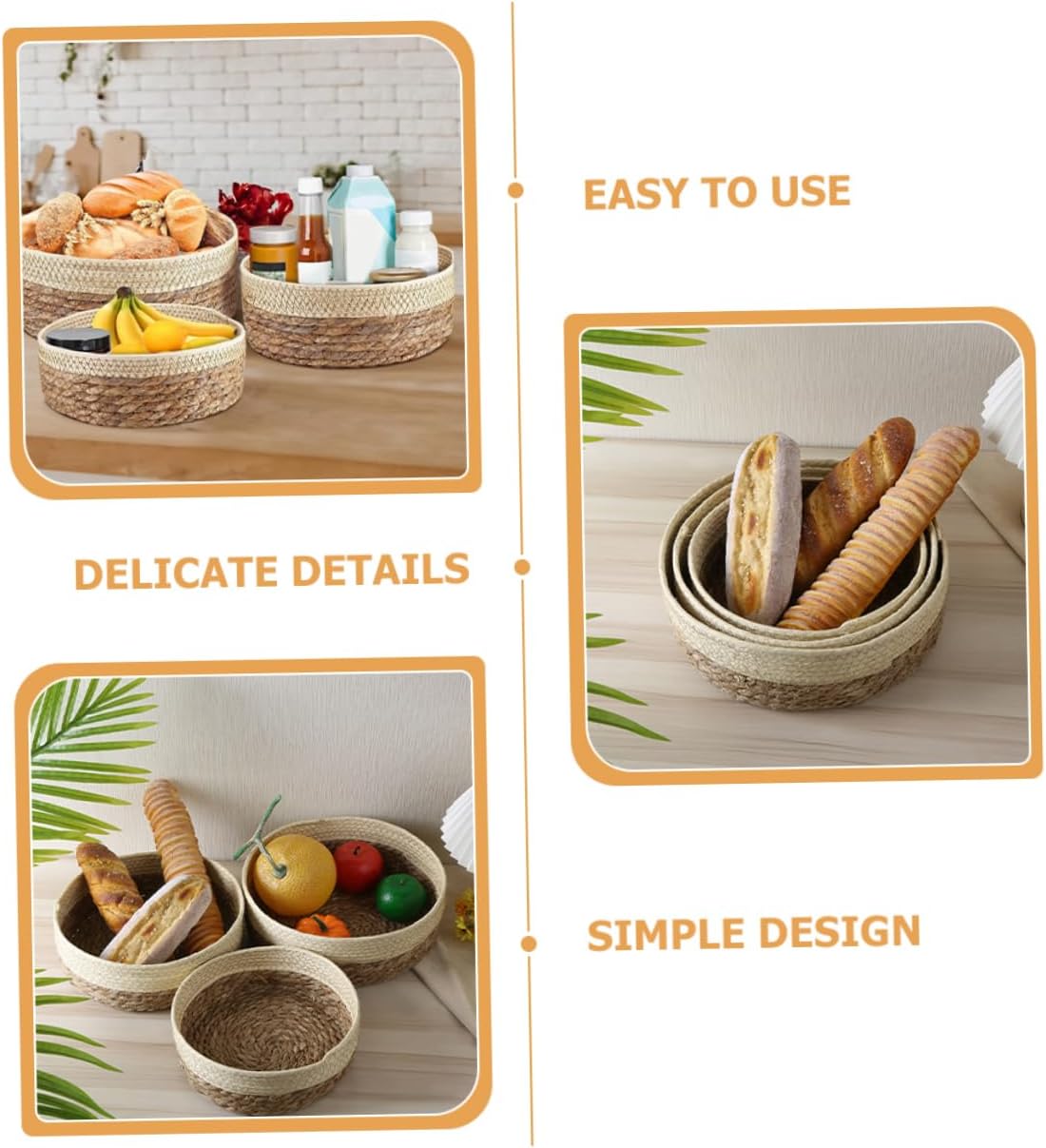 OUNONA 3pcs Round Woven Storage Basket Set Multi-purpose Food Display Baskets for Fruits Bread and Sundries Rustic Farmhouse Style Storage for Home Organization