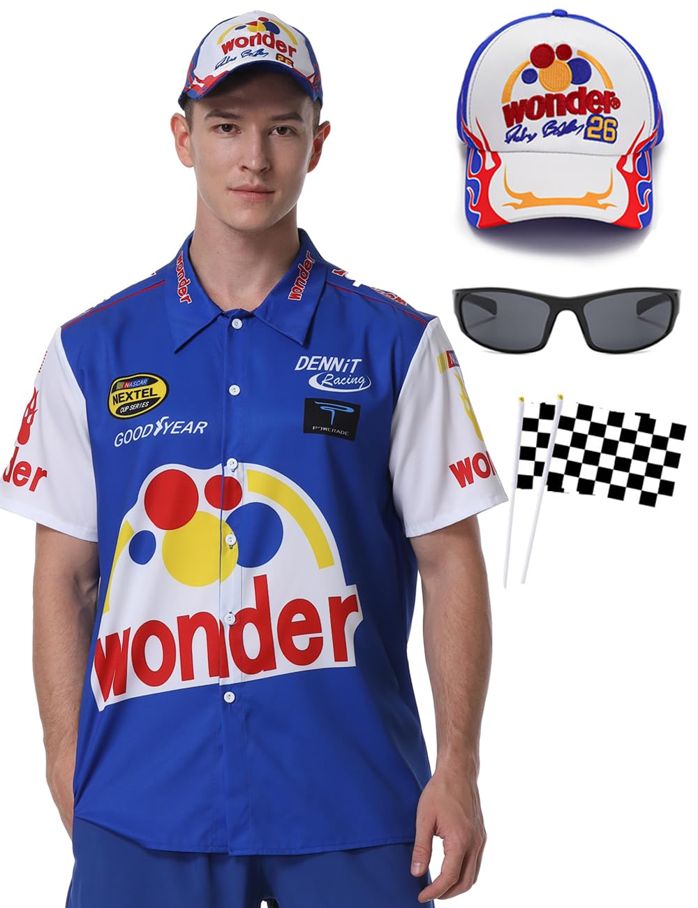 Heionia Ricky Bobby Shirt Talledega Nights Cosplay Costume Outfit with Hat for Men Adult Halloween, 3XL