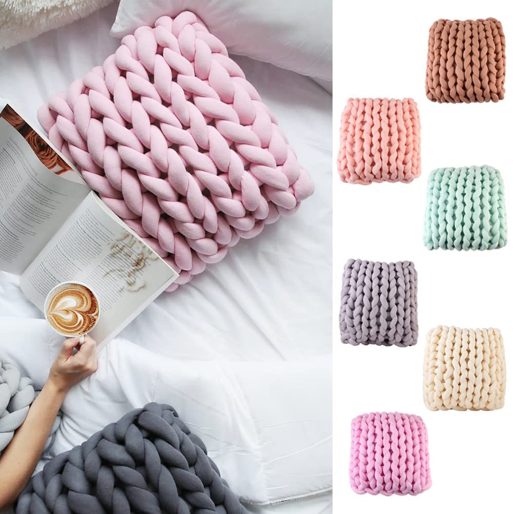 Quadratisches, grobes Wollkissen, handgefertigte Strickkissen, geflochtene Raumdaumdekoration, Sofa-/Bettkissen, Häkelwolle (Farbe: Orange Pink, Spezifikation: 40 x 40 cm) (Beige 35 x 35 cm)