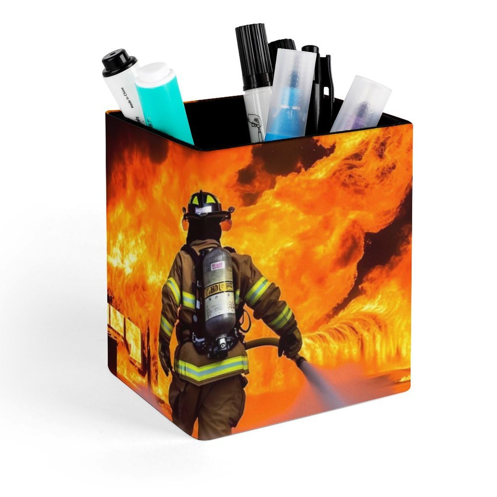DWVTSLH Aesthetic Pen Holder for Desk - Modern Leather Pencil Holder - Stylish Square Makeup Brush Holder - Firefighter Fireman Flame Pen Cup Cute And Functional Desk Organizer for Office Supplies