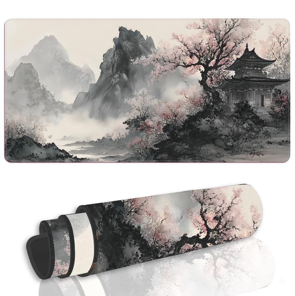 WEBEEDY Japanese Large Gaming Mouse Pad with Stitched Edges, Cherry Blossom Large Extended Keyboard Desk Pad Protector for PC Computer Laptop Work Home Office Decor, 80x40 cm