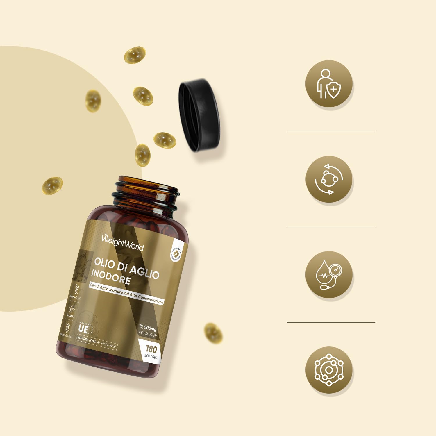 Aglio Capsule Molli Vegane 15000mg, 1 Softgel al Giorno (6 Mesi), Estratto di Aglio Inodore 500:1, Allicina Integratore Ricavato dall’Allium Sativum in 180 Softgel, Deodorizzato, Senza Glutine né OGM