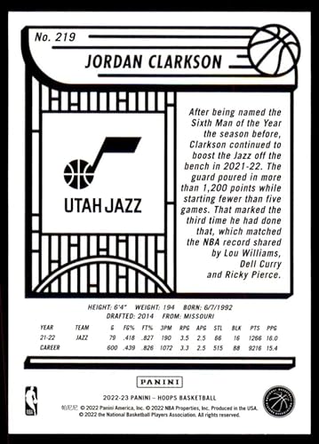 Miniatura 2 de 2022-23 PANINI NBA HOOPS #219 JORDAN CLARKSON UTAH JAZZ BASKETBALL OFFICIAL TRADING CARD OF THE NBA