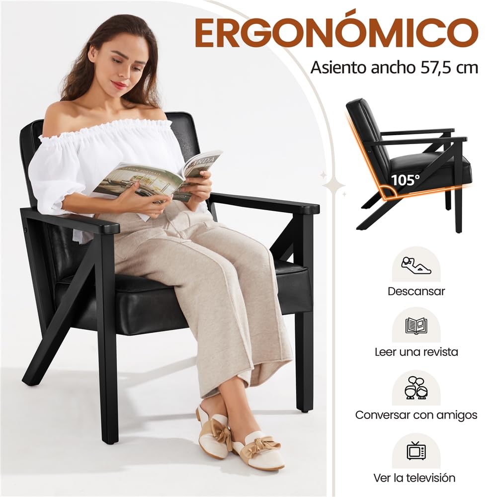 Yaheetech Sillón de Piel Sintética para Salón con Respaldo, Negro | Sillón Relax, Patas de Mader, para Sala de Estar, Oficina y Recepción, Marco de madera de caucho sólida