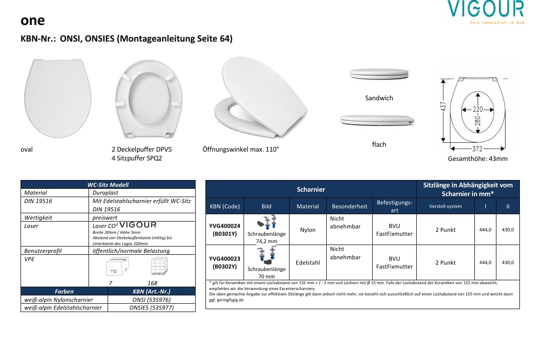 VIGOUR WC-Sitz one m.Deckel, weiß Kunststoff-Scharniere | ONSI
