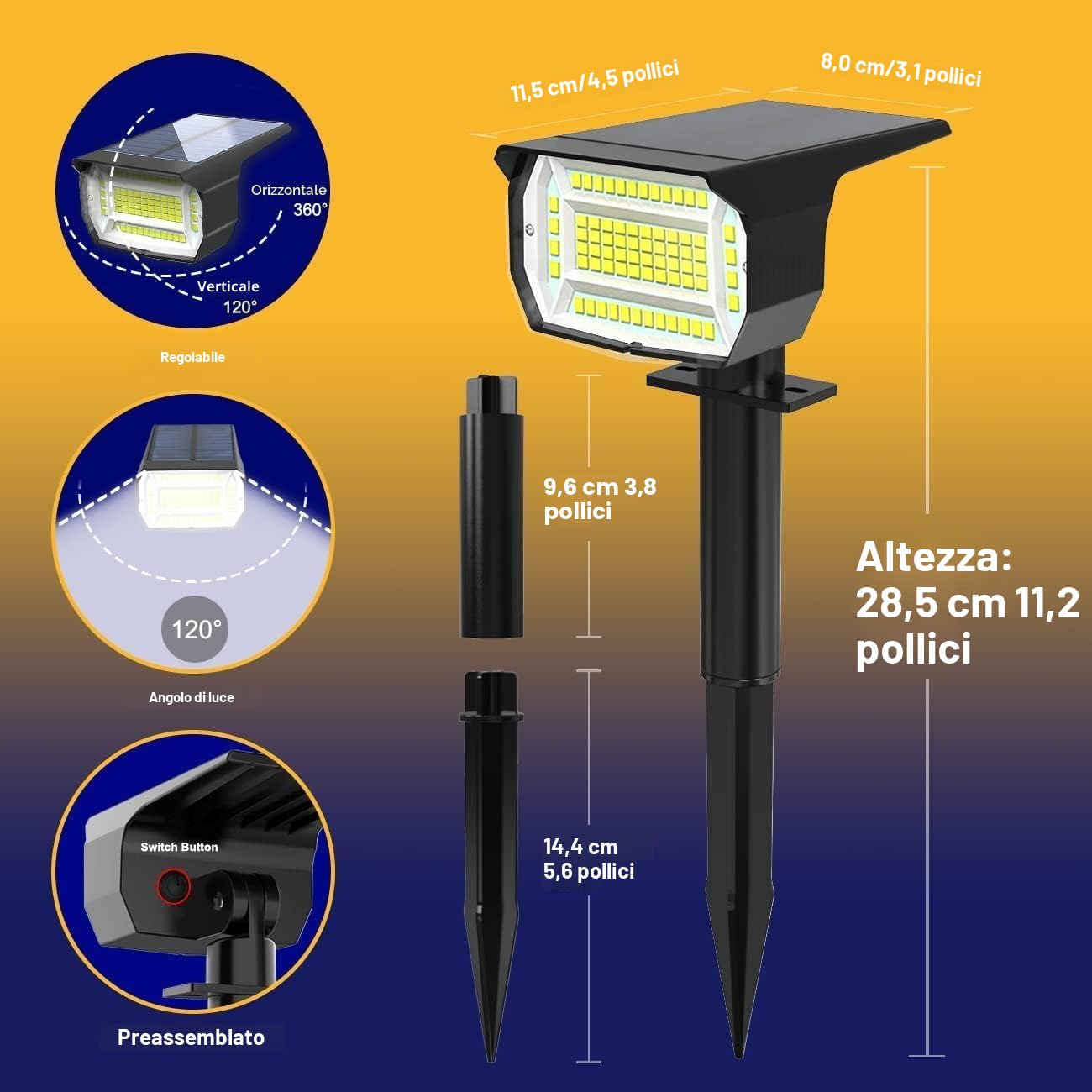 4 Pezzi Faretti Energia Solare da Esterno, 72 LED Faretti Solari a LED da Esterno 3 Livelli di Luminosità, IP65 Impermeabile Lampioncini Solari da Giardino per Cortile, Vialetto, Alberi, Bianco Caldo