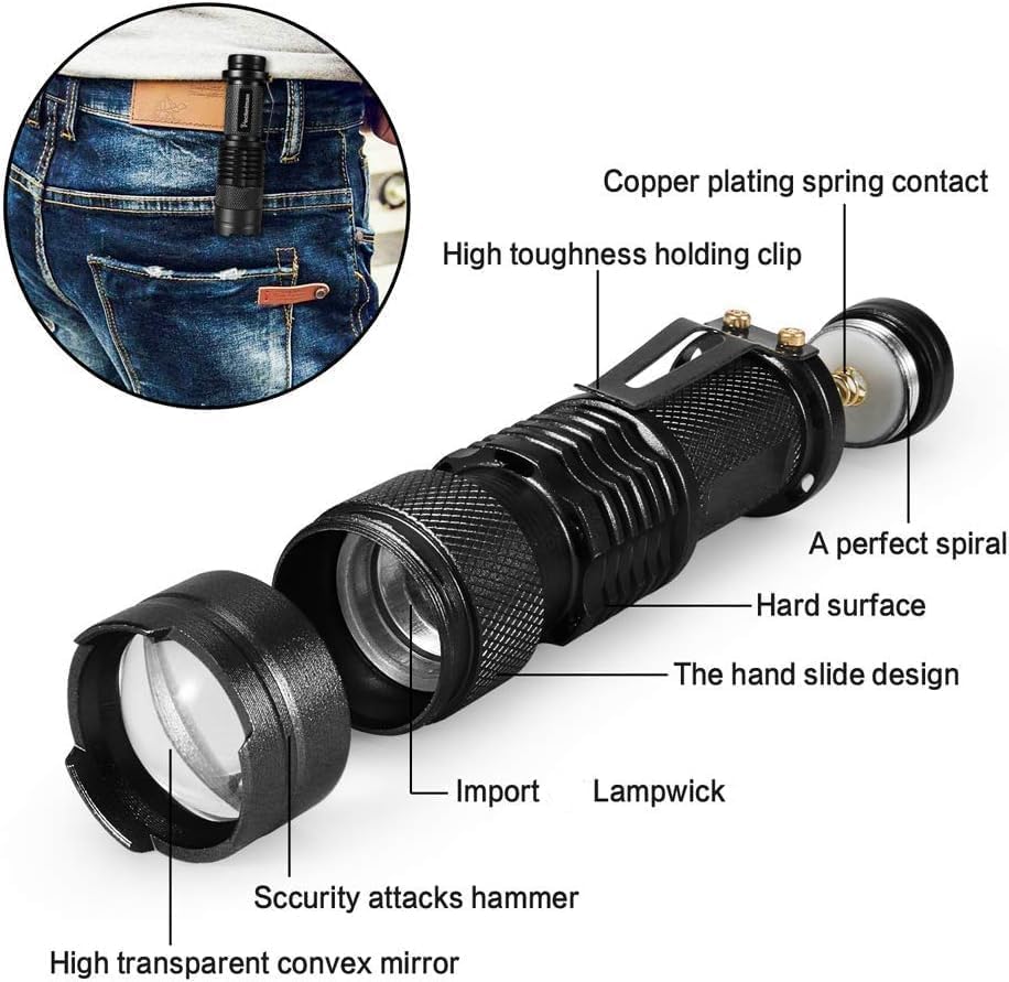 MODOAO Mini torcia LED 300lm messa a fuoco torcia tattica regolabile zoom luce lampada tascabile impermeabile per escursionismo campeggio (2 confezioni