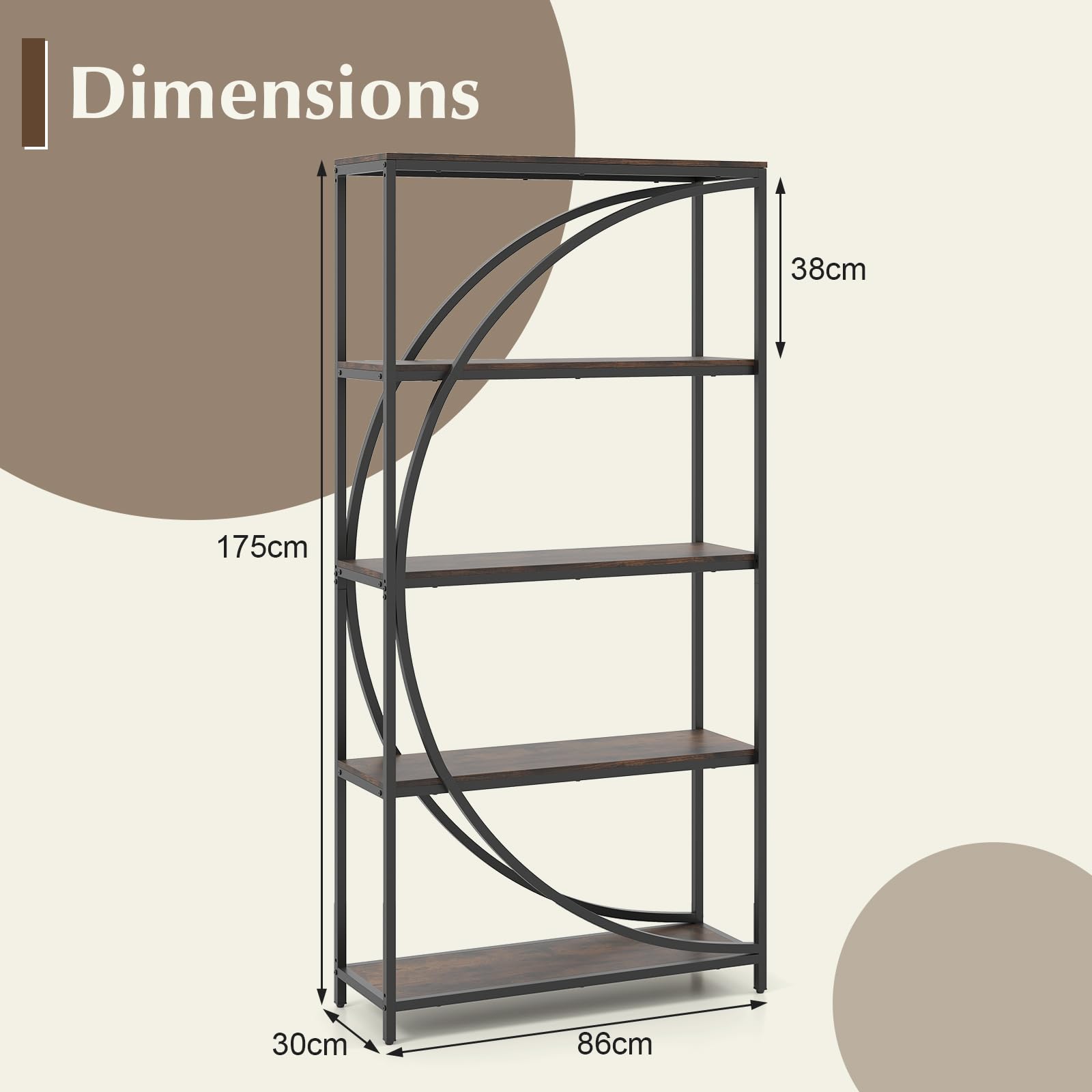 GIANTEX Estantería Alta de 5 Niveles, Librería Independiente en Forma de Media Luna con Estructura de Metal, Mueble de Exhibición para Salón, Estudio, Oficina, 86 x 30 x 175 cm (Marrón)