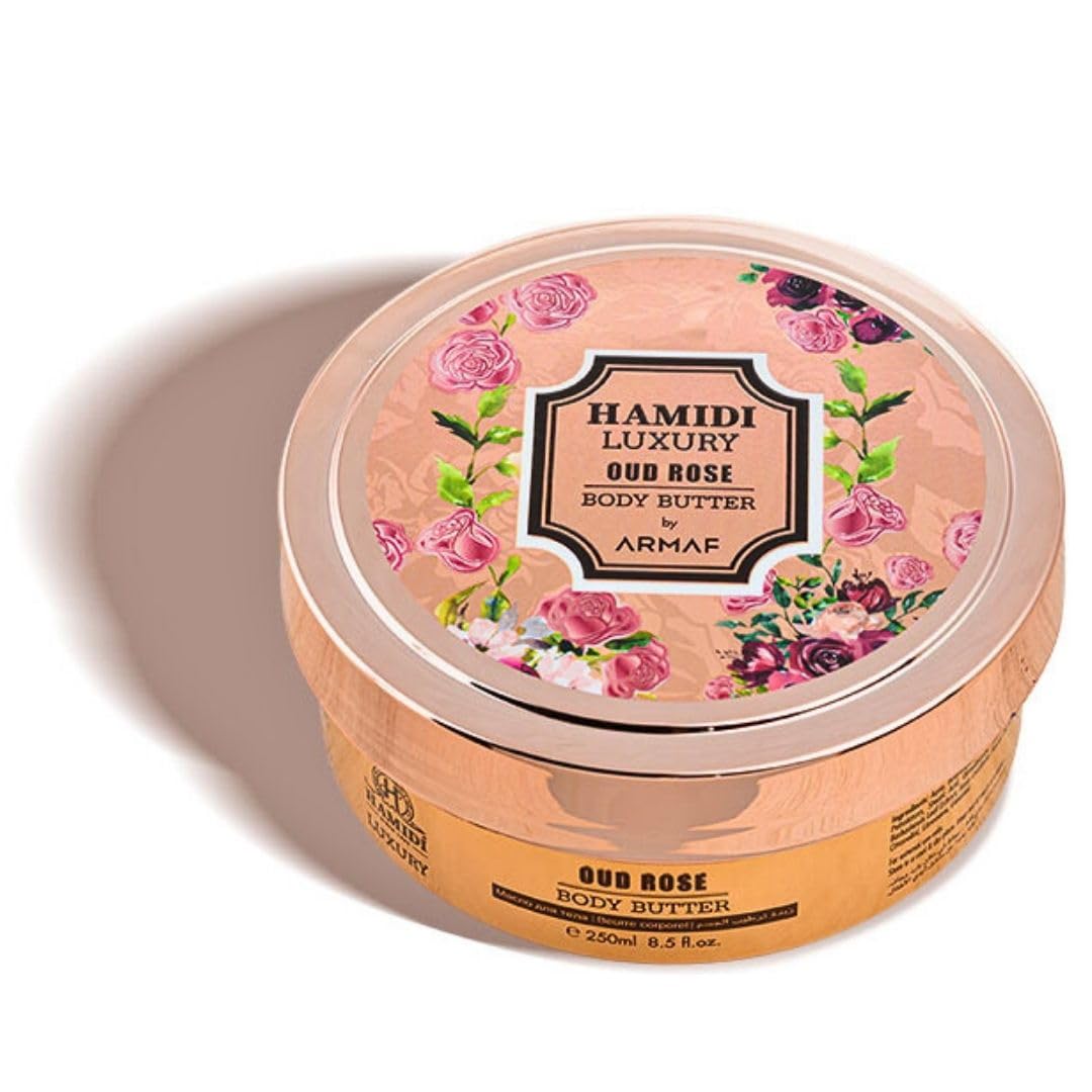 Hamidi Luxury Oud Rose Body Butter For Women 250ML (8.4 OZ) Ultra Moisturizing body butter For Dry Skin, Nourishing And Replenishes Dry Skin, Experience Deep Cleansing With Sweet Floral Scent