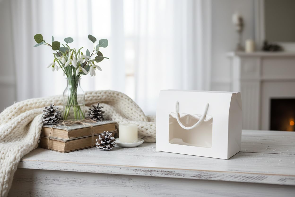 Emartbuy Weiße Kraft-Geschenkboxen mit Fenster & Griff - Größe 2 (20 × 15 × 11 cm) - Luxus-Präsentationsboxen für Bäckerei & Firmengeschenke - 96 Stück