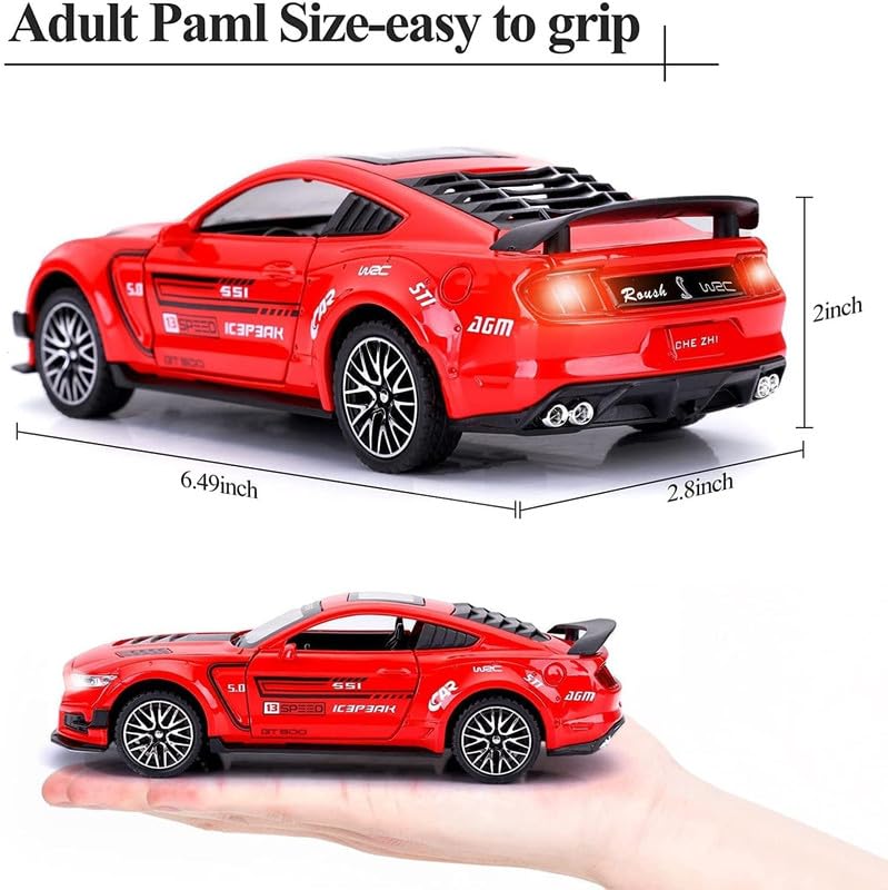 Image of Play Boy 1:32 Mustang Gt500 Model Diecast Metal Alloy Pullback Toy Vehicle with Openable Doors Light and Music Car for Kids (Multicolor)
