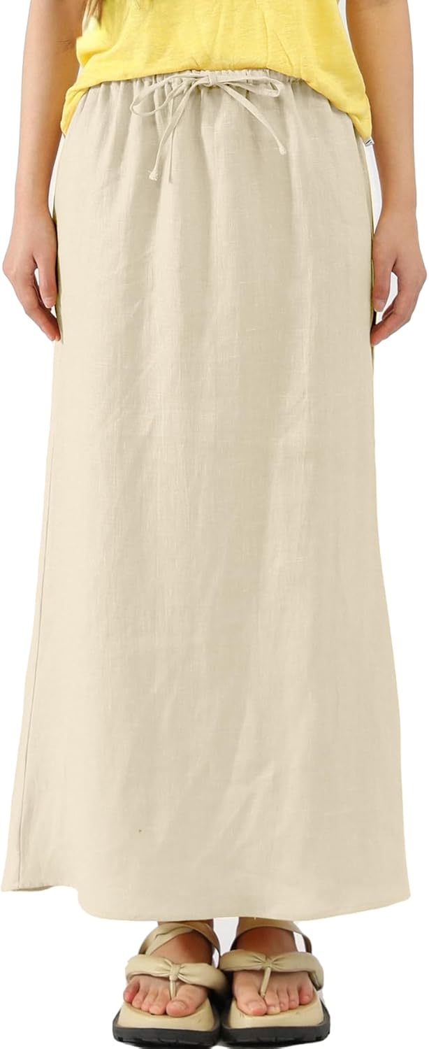 100% Linen Maxi Skirt for Women Ankle-Length Flowy Skirt with Adjustable Drawstring Waist
