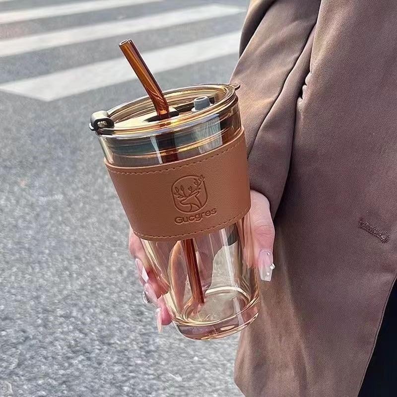 Image of KELVEE Glass Coffee Sipper Mugs with Straw and Lid 450ml, Glass Iced Tea Tumbler with Leather Sleeve Pack of 1, Leak-Proof, Reusable Smoothie, Milk, Water Drink Cup (Brown)