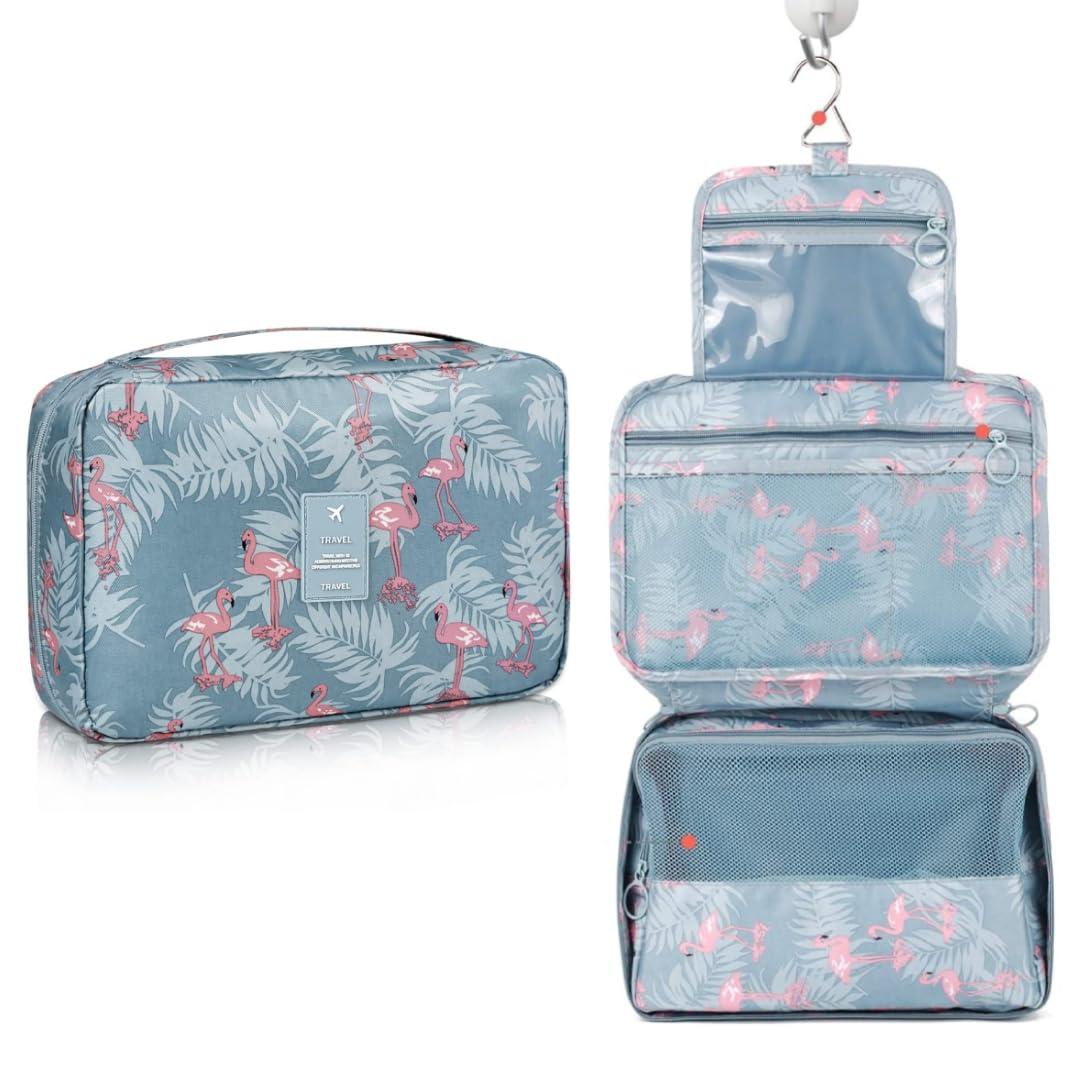 VHKDHanging Cosmetic Toiletry Bag for Men Women Travel Organizer Accessory Toiletry Cosmetics Bag Nylon Waterproof Makeup Shaving Kit Pouch Bag for Men Women (Blue Flemingo, Cosmetic Bag)