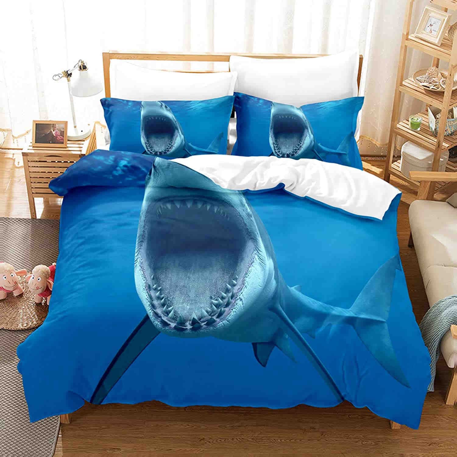 Shark Duvet Cover Set 3D Shark Jumping From Ocean Big Open Mouth Print Twin Bedding Set Double Queen King Polyester Quilt Cover