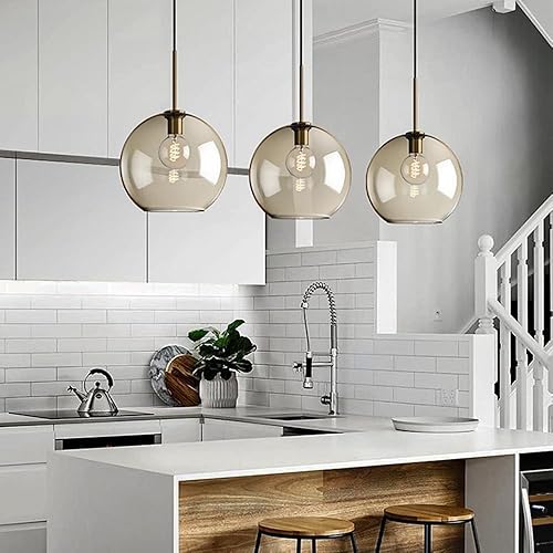 Miniatura 2 de Luces colgantes para isla de cocina, globo nórdico, pantalla de vidrio transparente, iluminación colgante de techo con acabado de metal, lámpara de