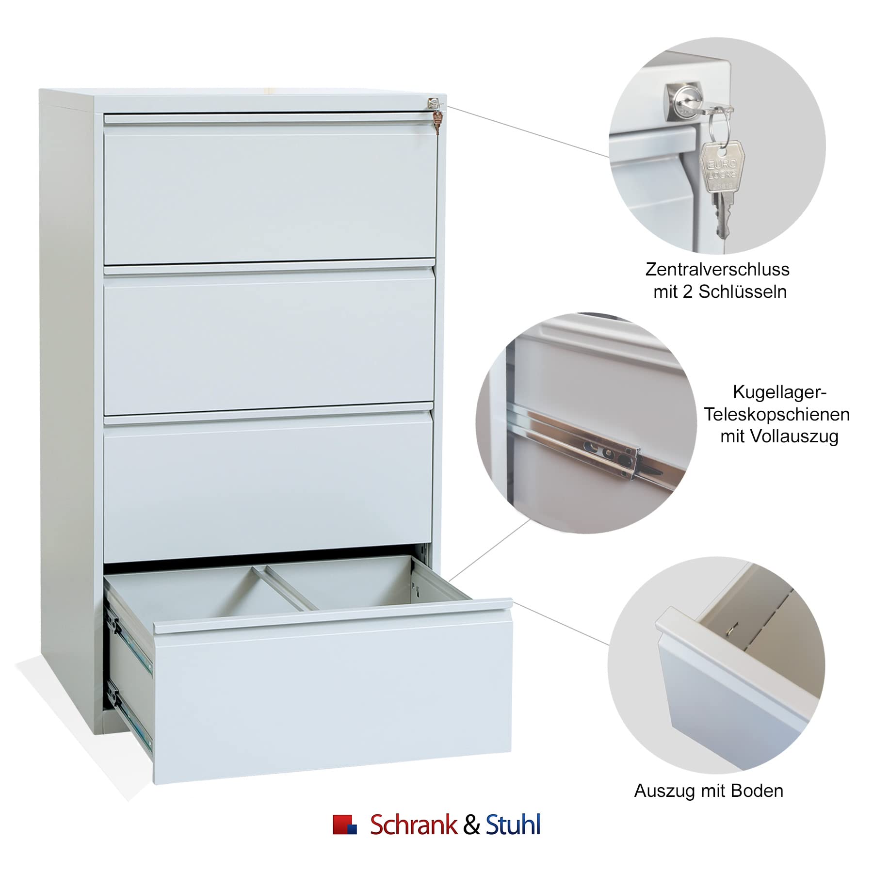Schrank & Stuhl Hängeregisterschrank doppelbahnig – Hängemappenschrank mit 4 Schüben für DIN A4, abschließbar, Lieferung komplett montiert, 132 x 76 x 62 cm, Grau
