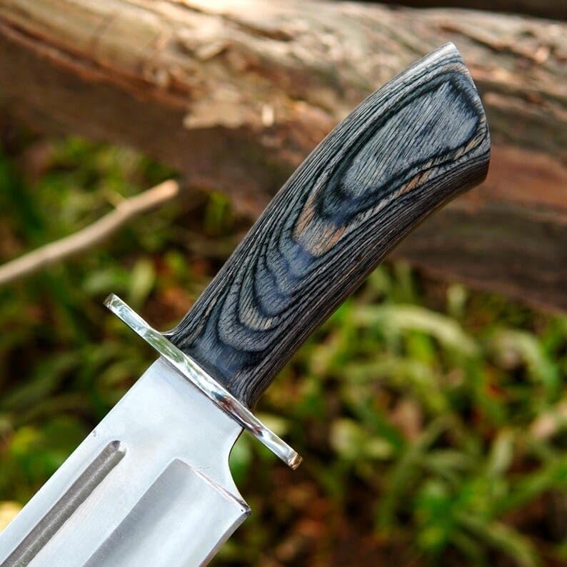 Custom Bowie Hunting Knife with Leather Sheath, Fixed Blade Design, Wood Handle, Personalized Outdoor Adventures