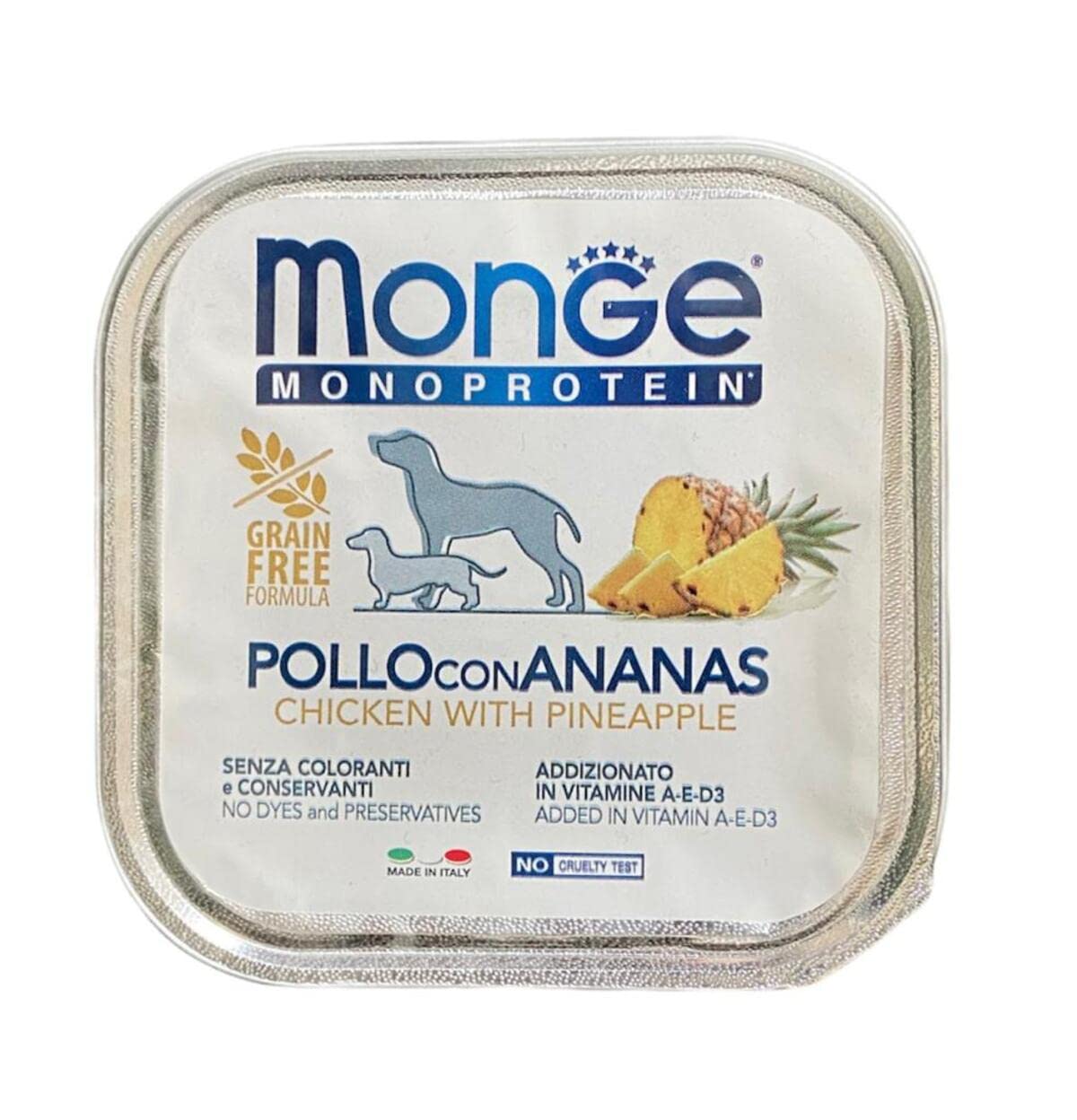 Monge Monoprotein Cibo umido per Cane Pollo con Ananas, naturalmente senza coloranti, conservanti e zuccheri aggiunti. Confezione da 24 vaschette (1 = 150gr.)