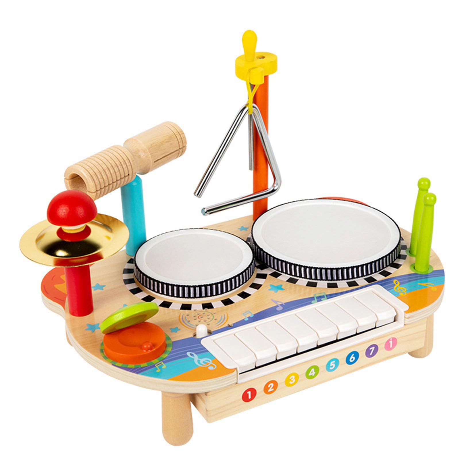 Drewniany stolik muzyczny Montessori, zestaw instrumentów perkusyjnych dla malucha z bębnem, pianinem i trójkątem