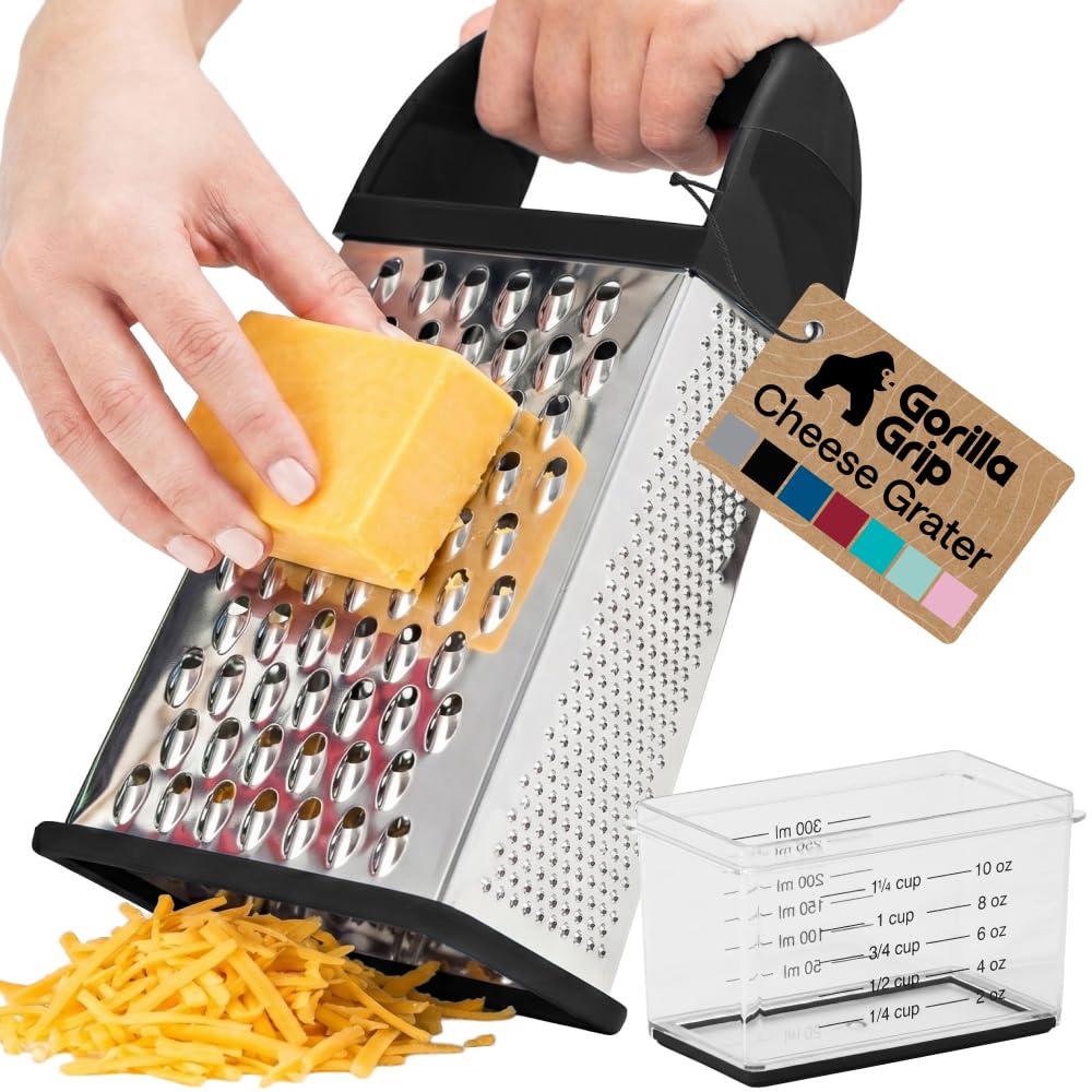 GORILLA GRIP Grattugia XL per formaggio a 4 lati in acciaio inox con contenitore di misurazione, senza BPA, base antiscivolo, griglia per parmigiano duro, verdure tritate, scorza di agrumi, lavabile