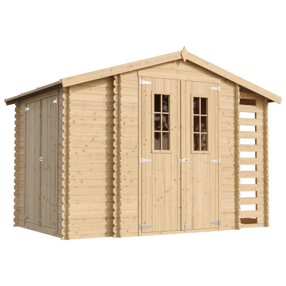 Abri de Jardin en Bois et Range bûches extérieur avec Sol TRAITÉ - extérieur I206xL328xH218 cm/ 3,​53 + 0,​97+​0,​97 m2 Petit abri à Outils, Local à vélos - TIMBELA M389C+​M389G
