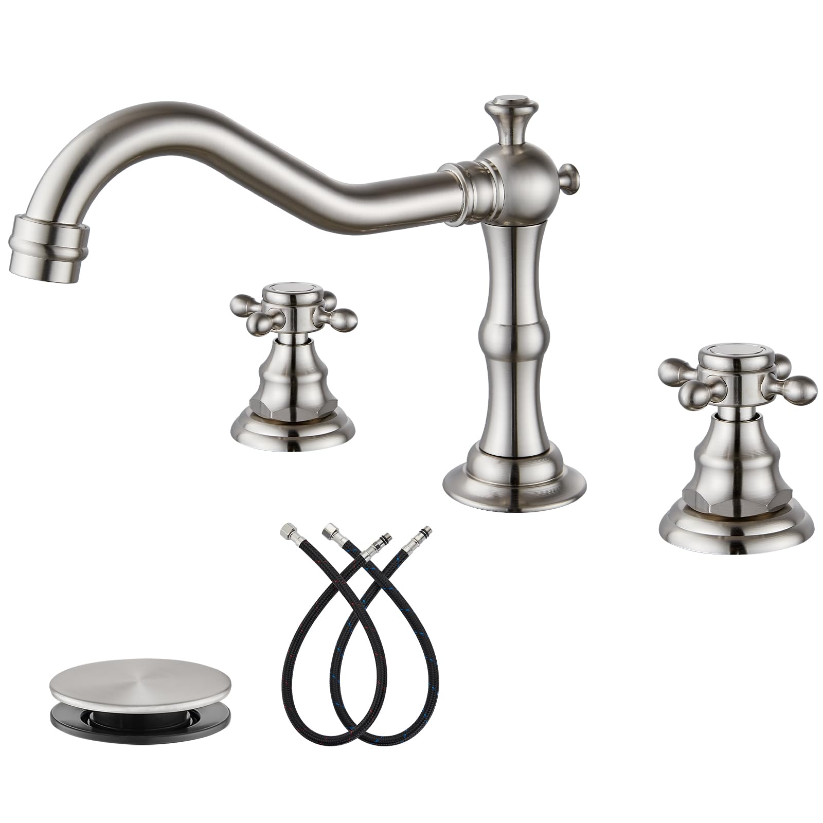 gotonovo Rubinetto per lavabo da bagno a 3 fori con doppia maniglia a croce rubinetto miscelatore per lavabo da bagno rubinetto per lavabo acqua calda fredda abbinata scarico pop-up nichel spazzolato
