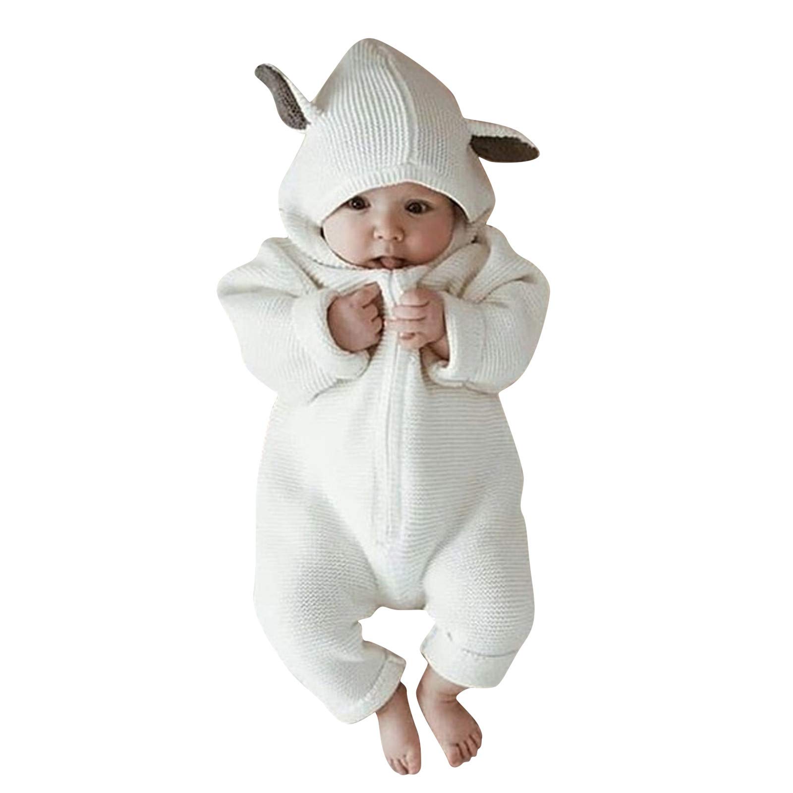 RNTOP Baby Girl Boy Sweater Romper Hooded Jumpsuit Outfit Infant Newborn Long Sleeve Sweaters (White, 0-6 Months)