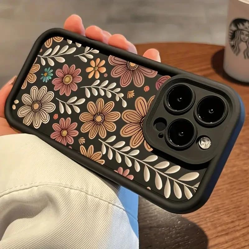 Image of ZR022 for iPhone 16 Pro Max Back Case Cover | Floral Designer Aesthetic Flower Printed Soft Silicone | Slim Fit | Camera Protection | Shockproof TPU Case - Black
