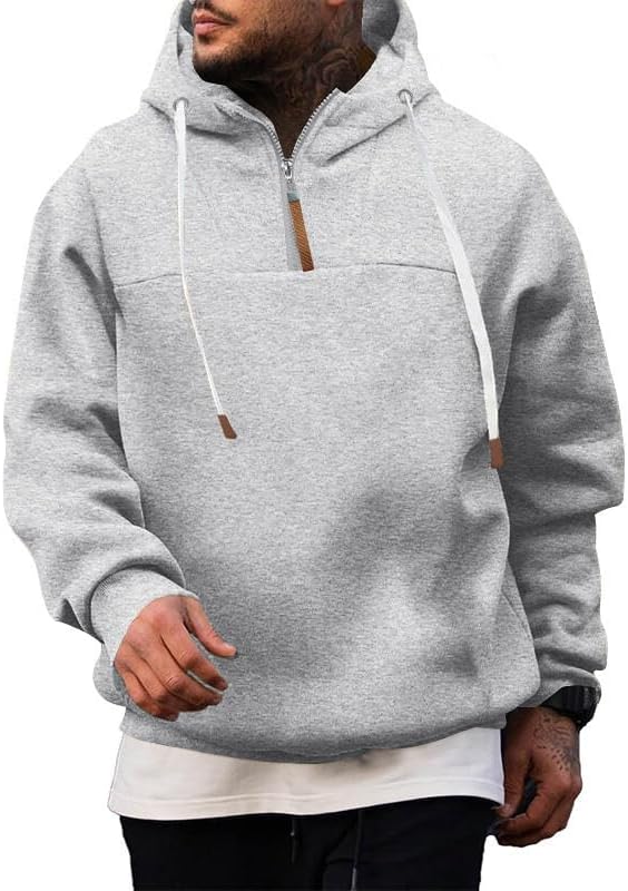 HOTYD Mens Solid Color Quarter Zip Pullover Hoodies Drawstring Mock Neck Long Sleeve Hooded Sweatshirt Fall Casual Hoodie