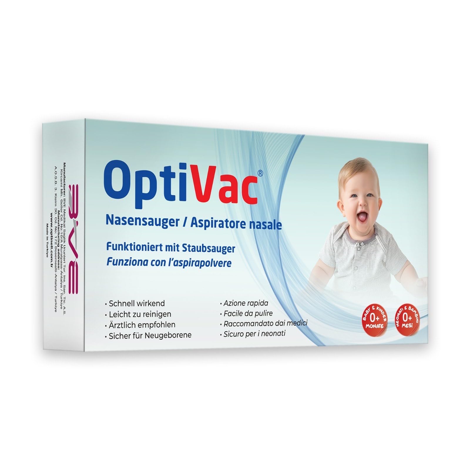 OptiVac Nasensauger Baby für Staubsauger – klinisch getestet & sanft – hygienischer Nasensekretsauger für Neugeborene & Kleinkinder – inkl. 2 BPA-freie Aufsätze & Reinigungsbürste