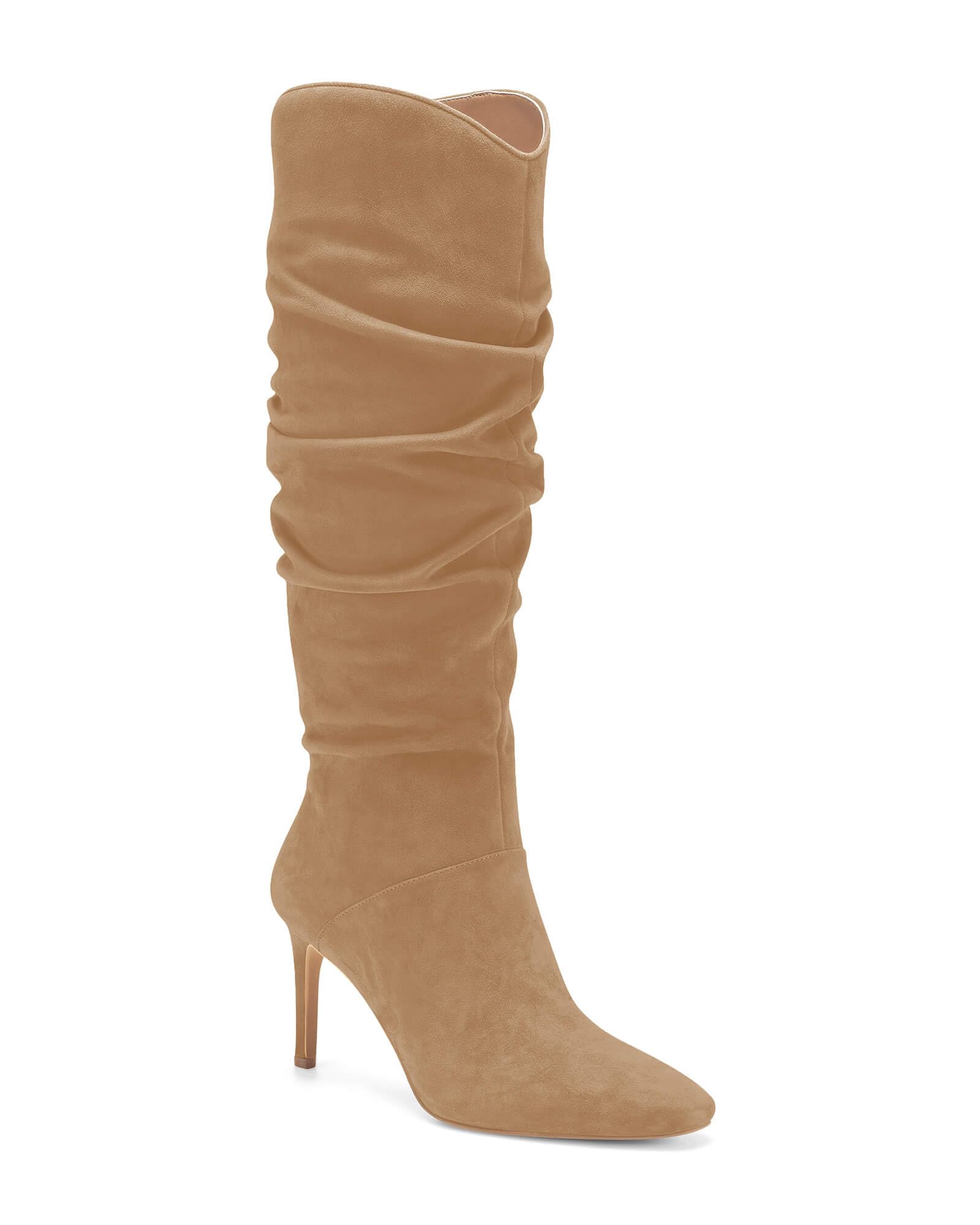 Coutgo Womens Knee High Boots Faux Suede Almond Toe Stiletto High Heel Slouchy Side Zipper Booties