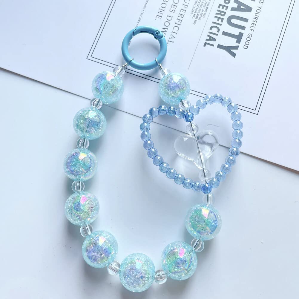 Katutude Crystal Beaded Phone Charm Bling Phone Wrist Strap Love Heart Beaded Phone Lanyard Wrist Strap Anti Lost Phone Chain Wristlet Gift for Girls Women, Blue