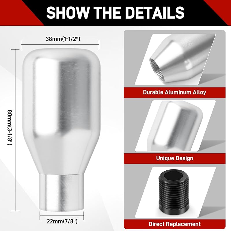 DREAMIZER Sebességváltó Gomb 5 Fokozatú Univerzális Alumínium Váltókar Gomb 3 Adapterrel 8mm 10mm 12mm Ezüst